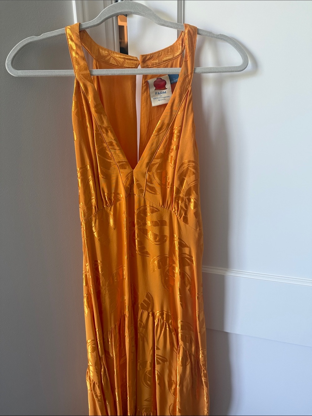 FARM Rio Vibrant Orange Satin V-Neck Maxi Dress